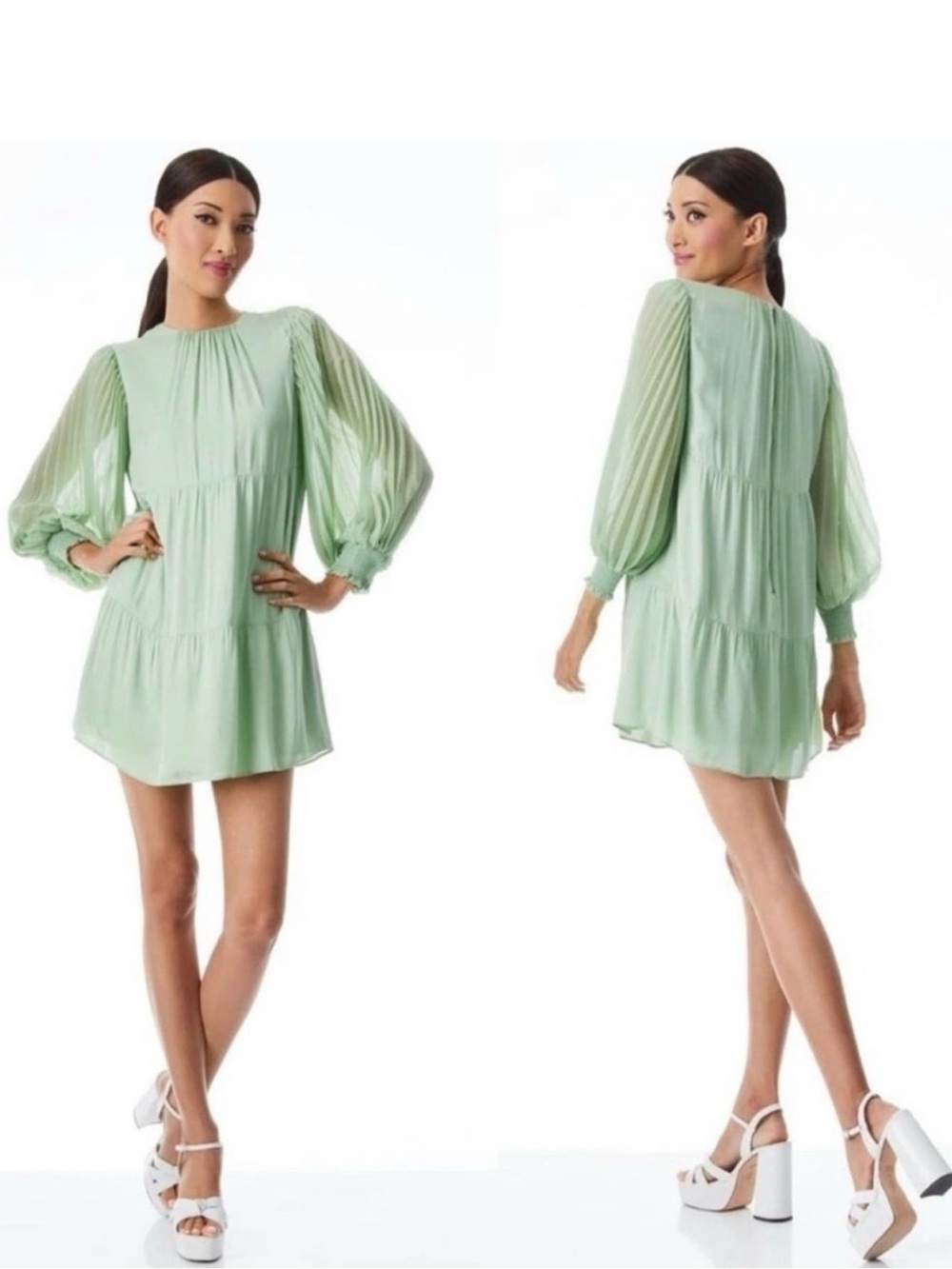Alice + Olivia Mint Green Pleated Balloon Sleeve Mini Dress